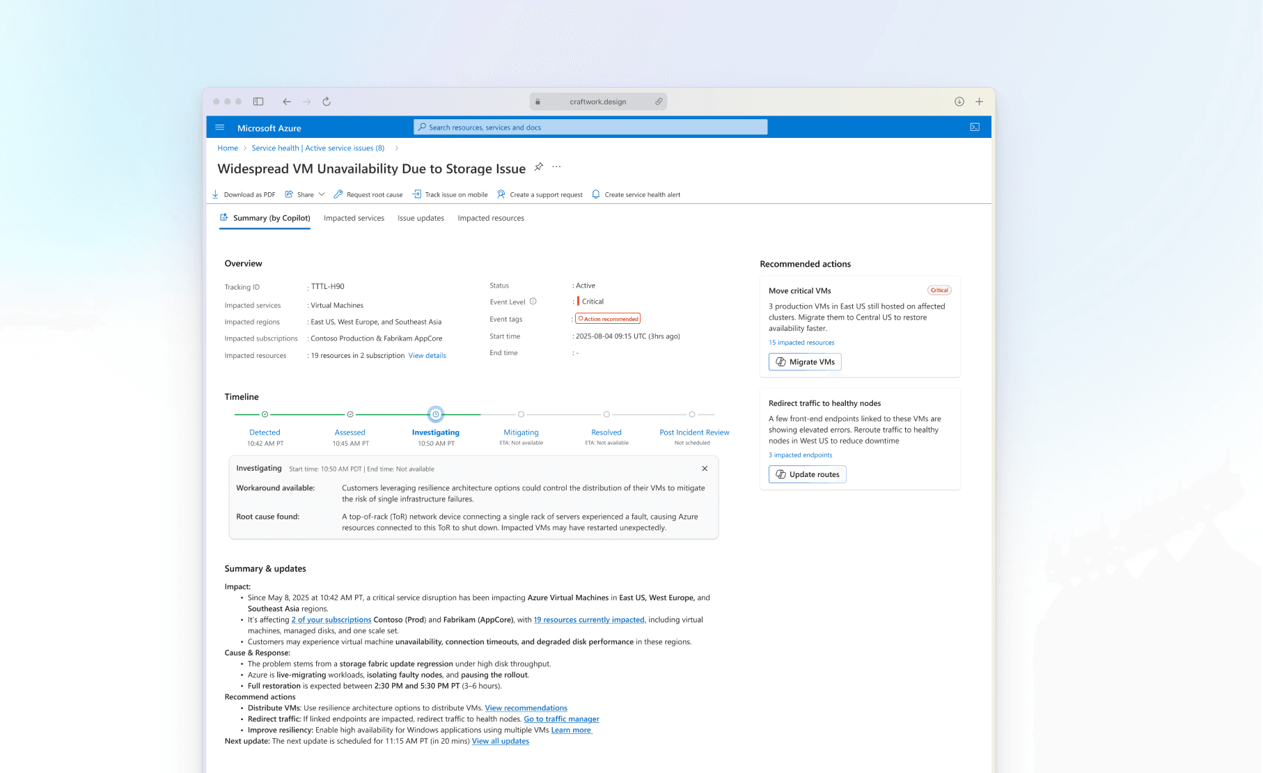 AI Summary & Timeline — Azure Service Health interface
